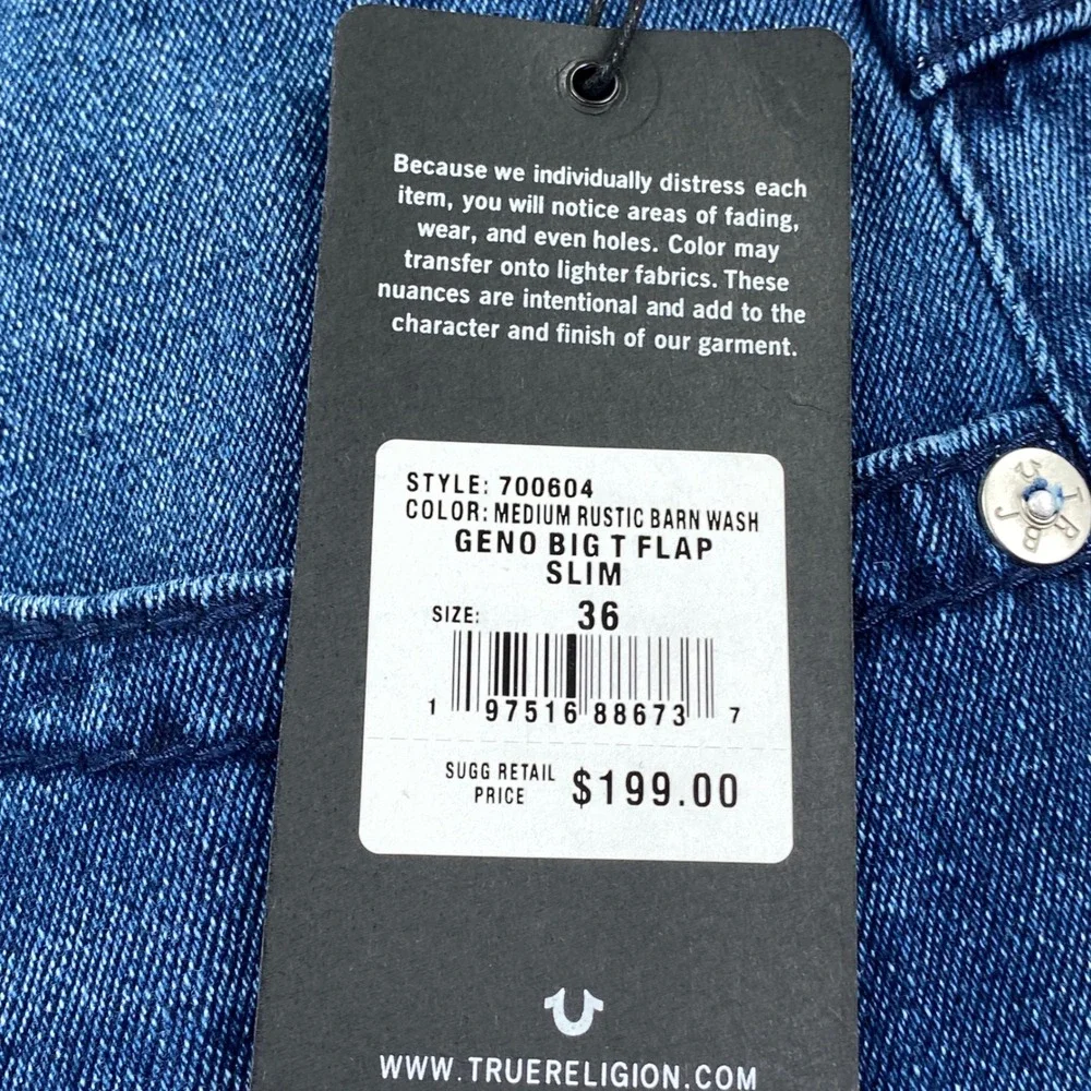 True Religion Geno Relaxed Slim Jeans Mens 36 Blue Big T Flap Pocket Denim